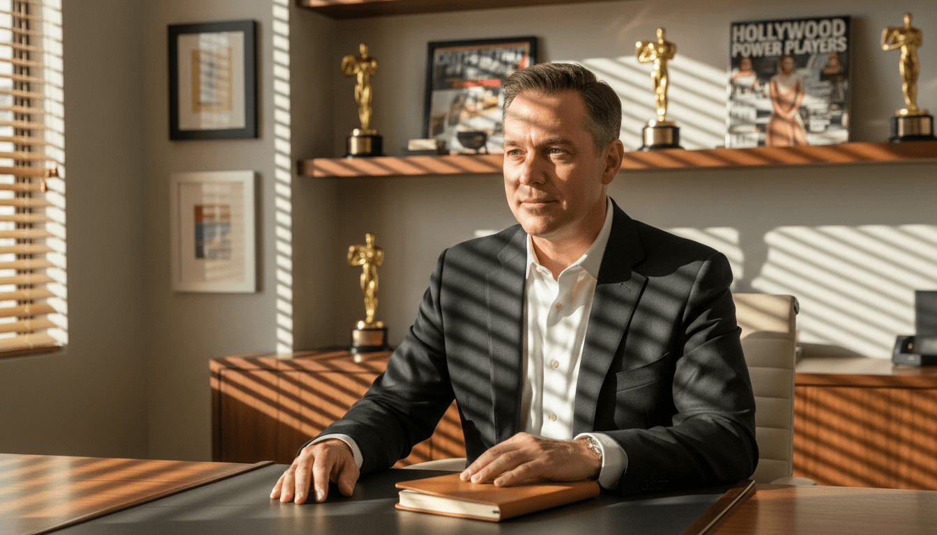 Jonathan Hay seated at his desk in a Los Angeles office with natural light and media memorabilia