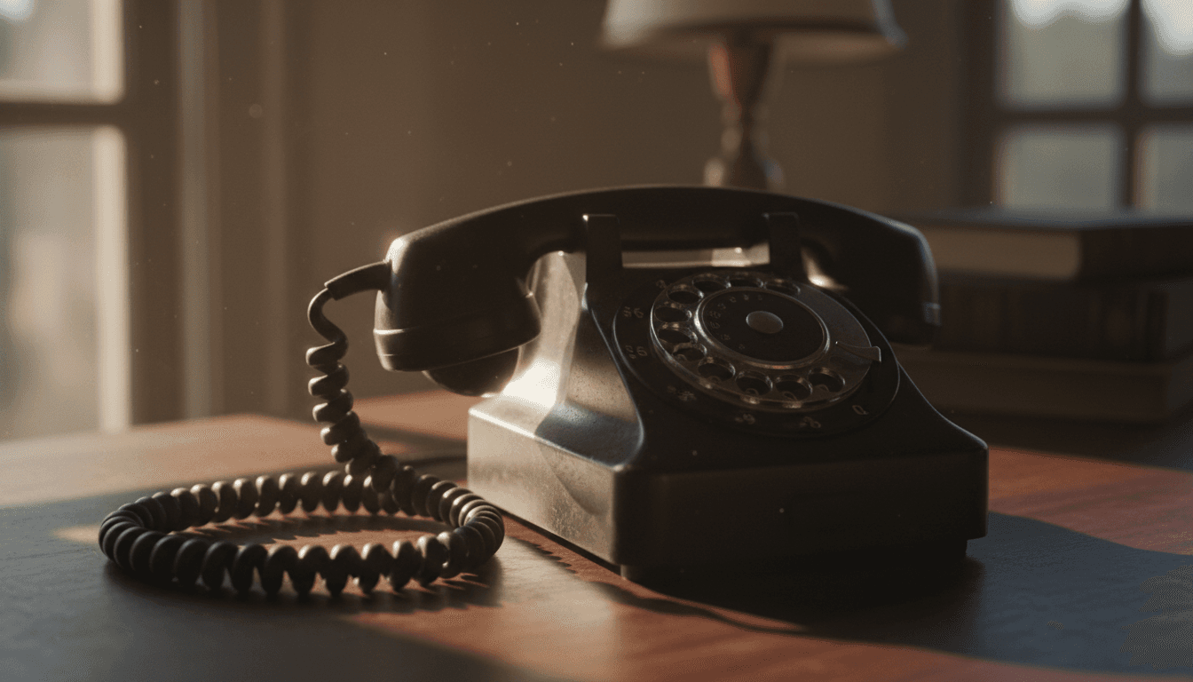 Vintage rotary desk phone on a wooden desk with afternoon light