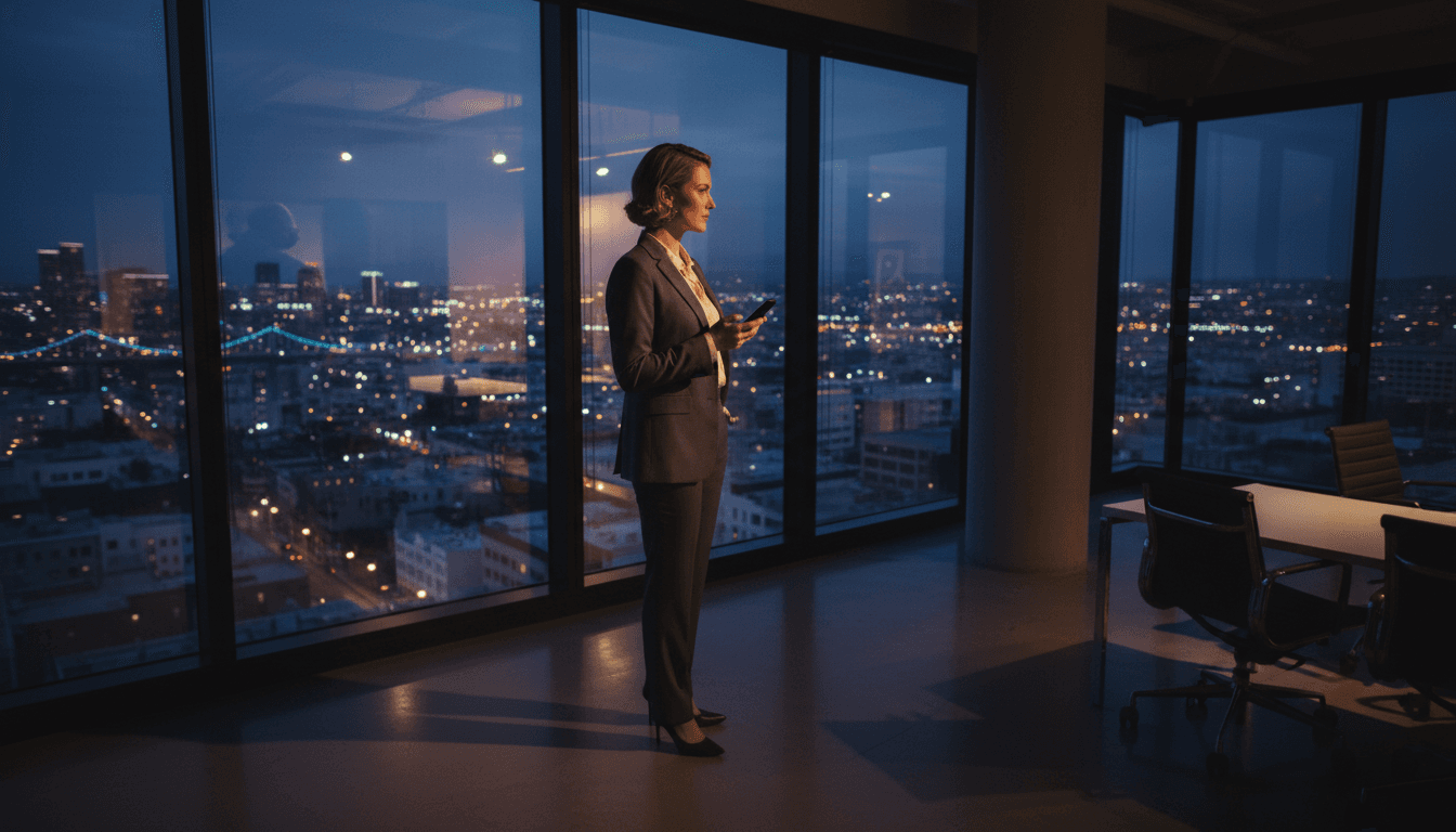 Jonathan Hay standing in a modern Los Angeles office with city lights visible through the window.