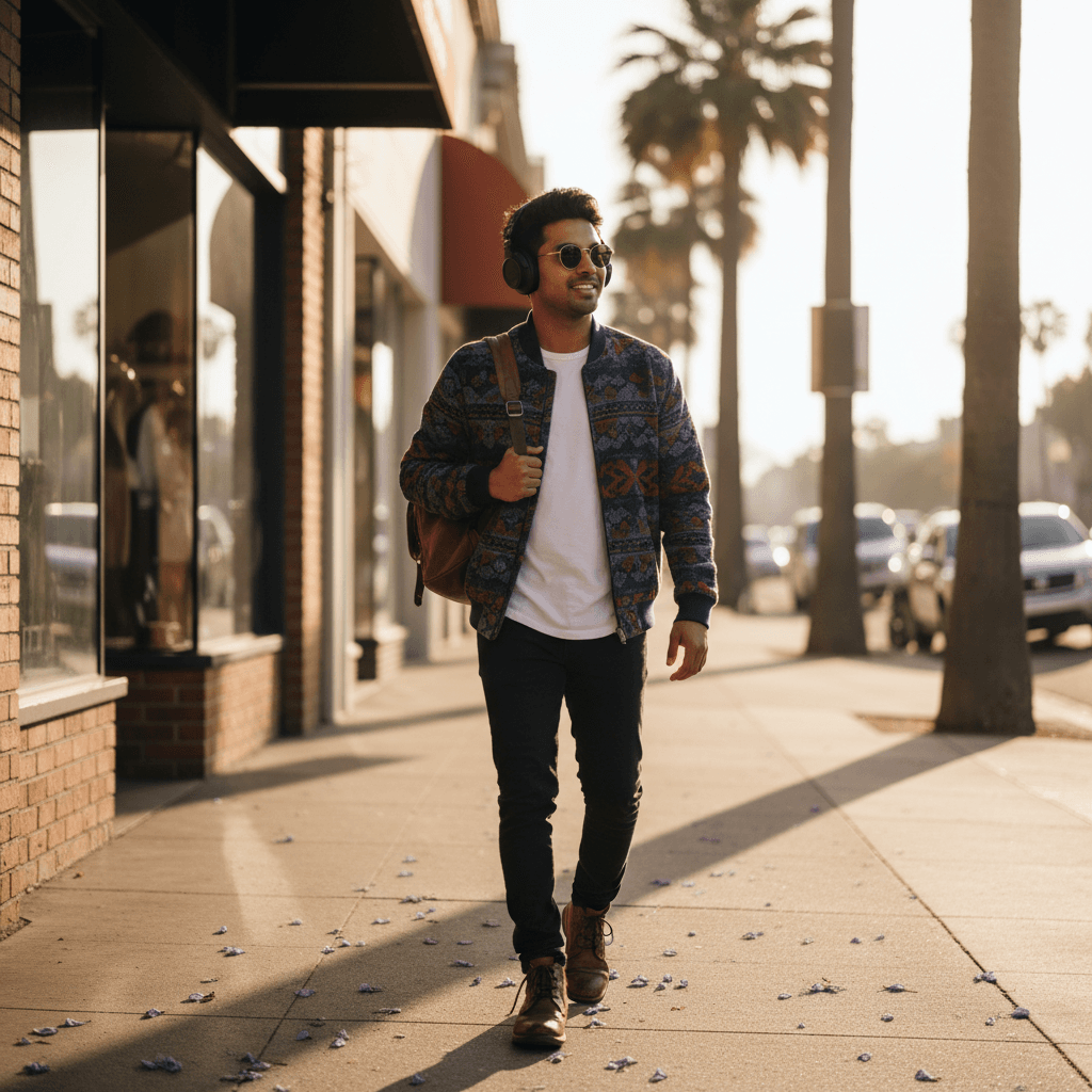 A musician walking down a Los Angeles sidewalk at golden hour, wearing sunglasses and headphones, palm trees blurred in the background.