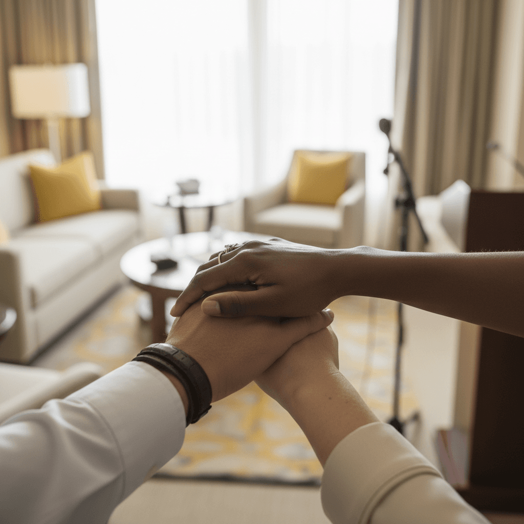 Three hands stacked together in a team huddle gesture before a press event, diverse skin tones, shot from above in a hotel suite.