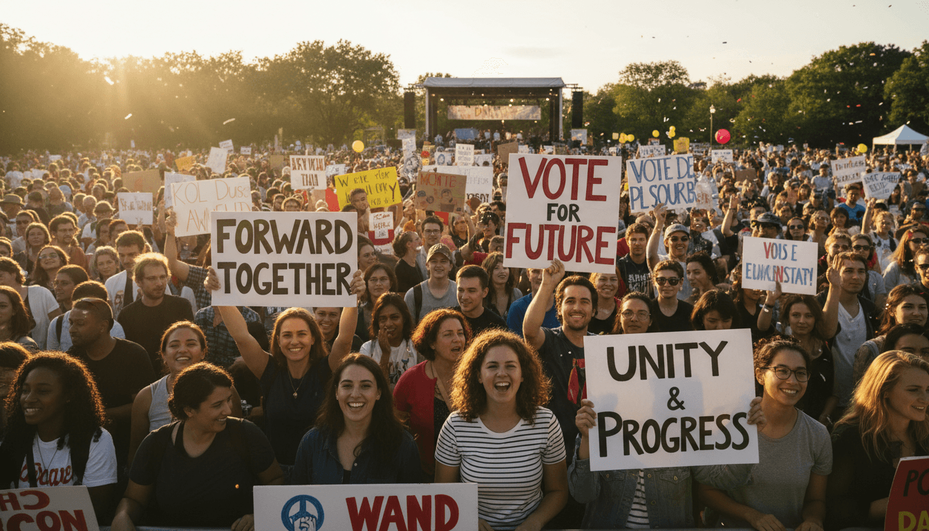 Kentucky voters holding campaign signs at a rally