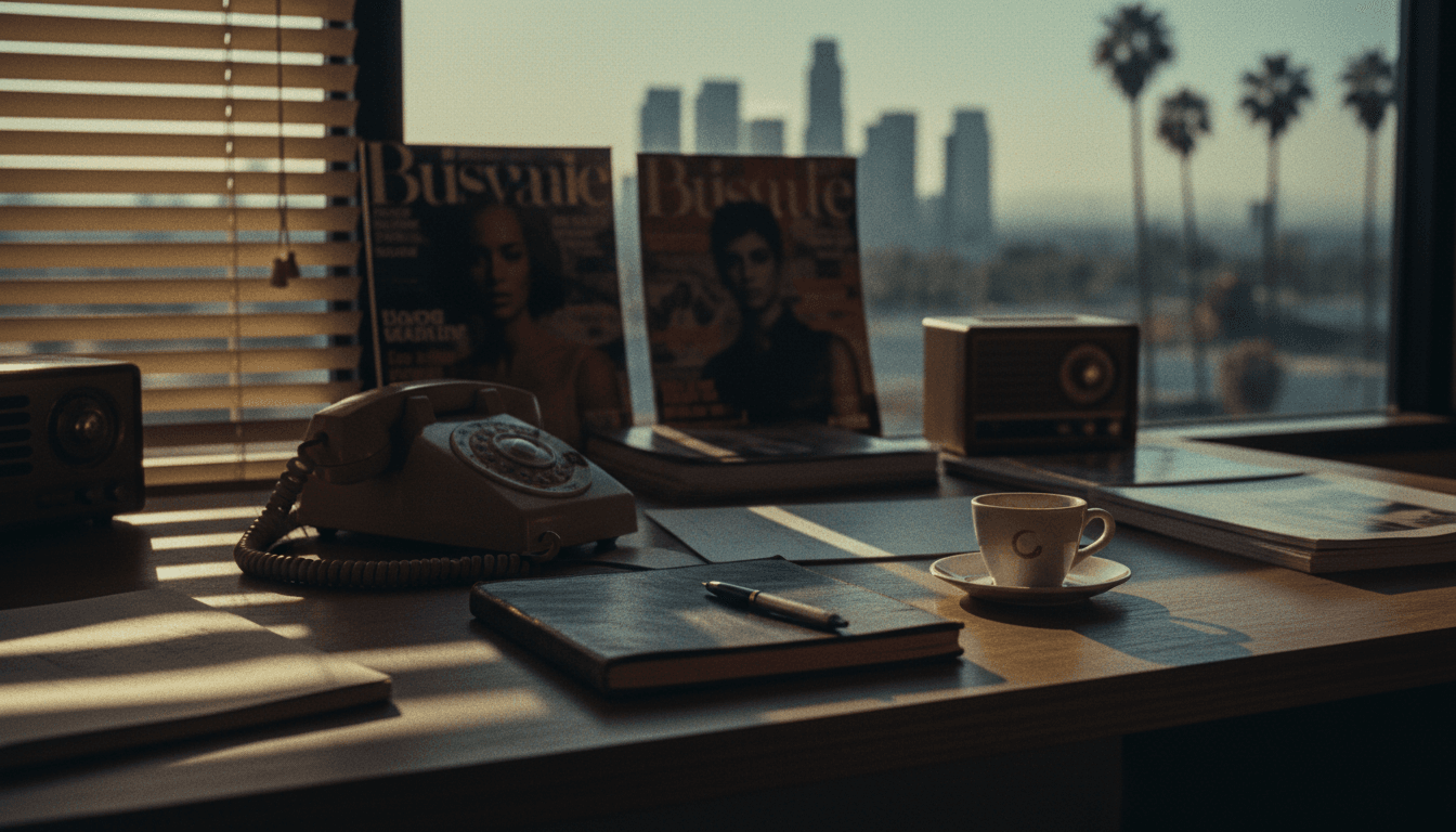 Publicist's desk in Los Angeles with notepad, phone, and espresso in warm sunlight