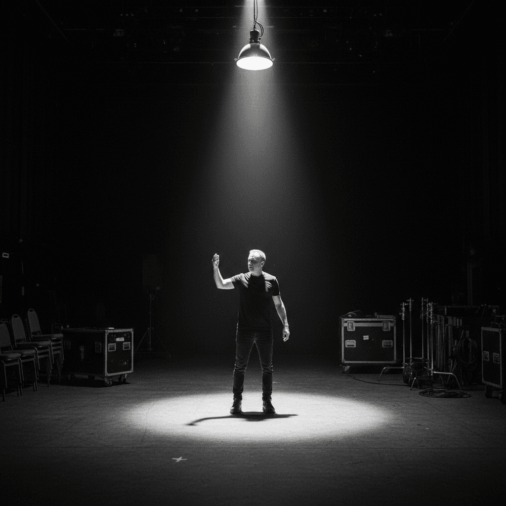 An actor rehearsing alone on a soundstage under a single work light, empty equipment cases and chairs visible in the background.