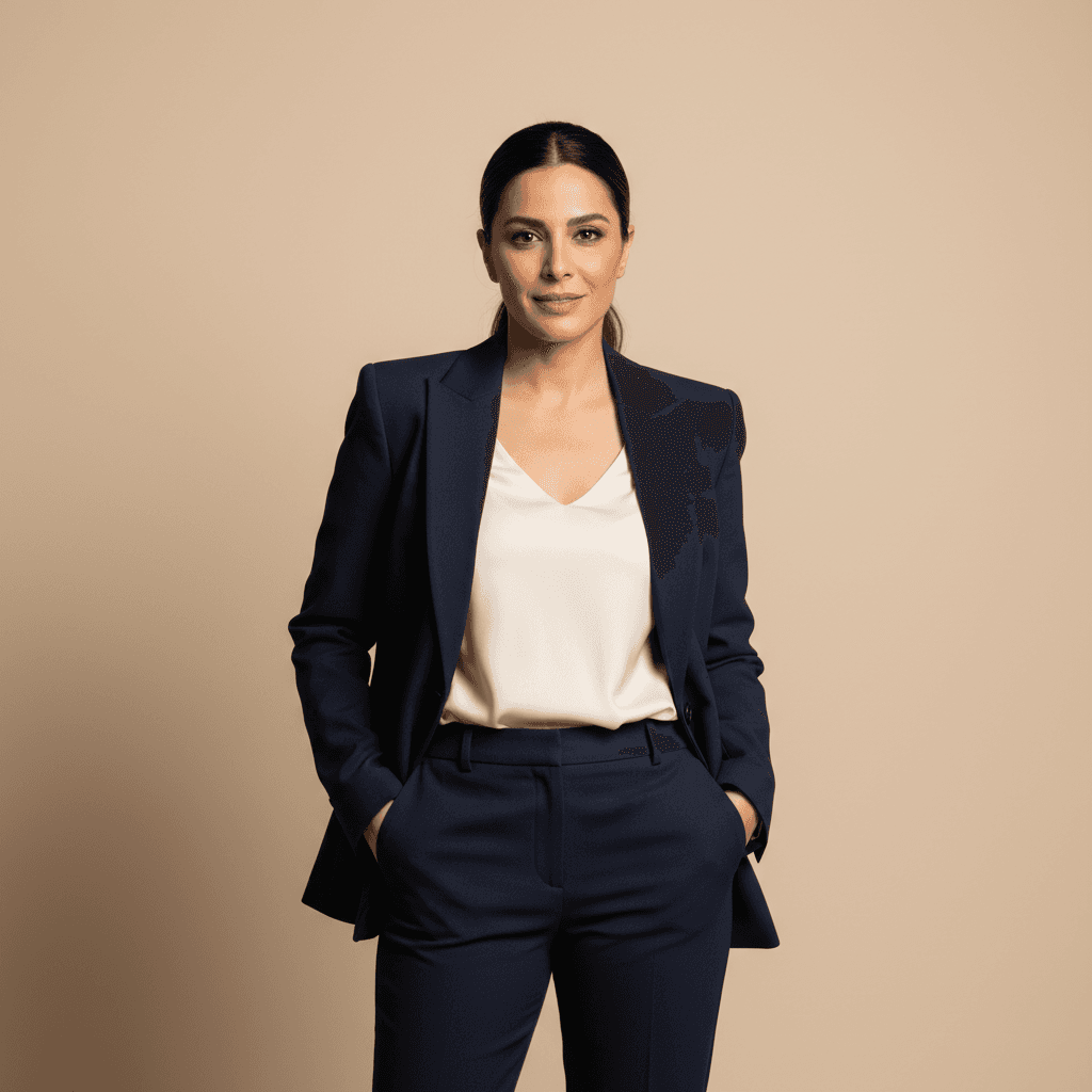 A model and actress standing in front of a seamless paper backdrop, wearing a tailored blazer and looking confidently at the camera.