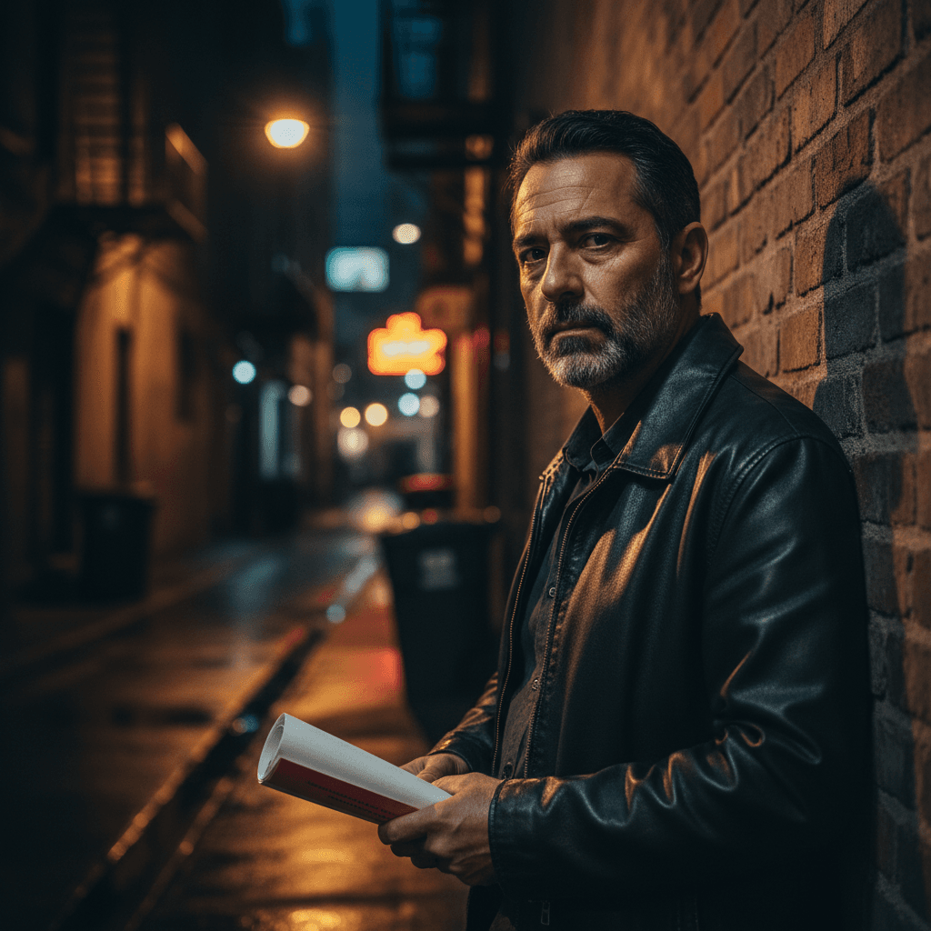 A film director leaning against a brick wall in a downtown alley at night, holding a script, lit by a single streetlight.