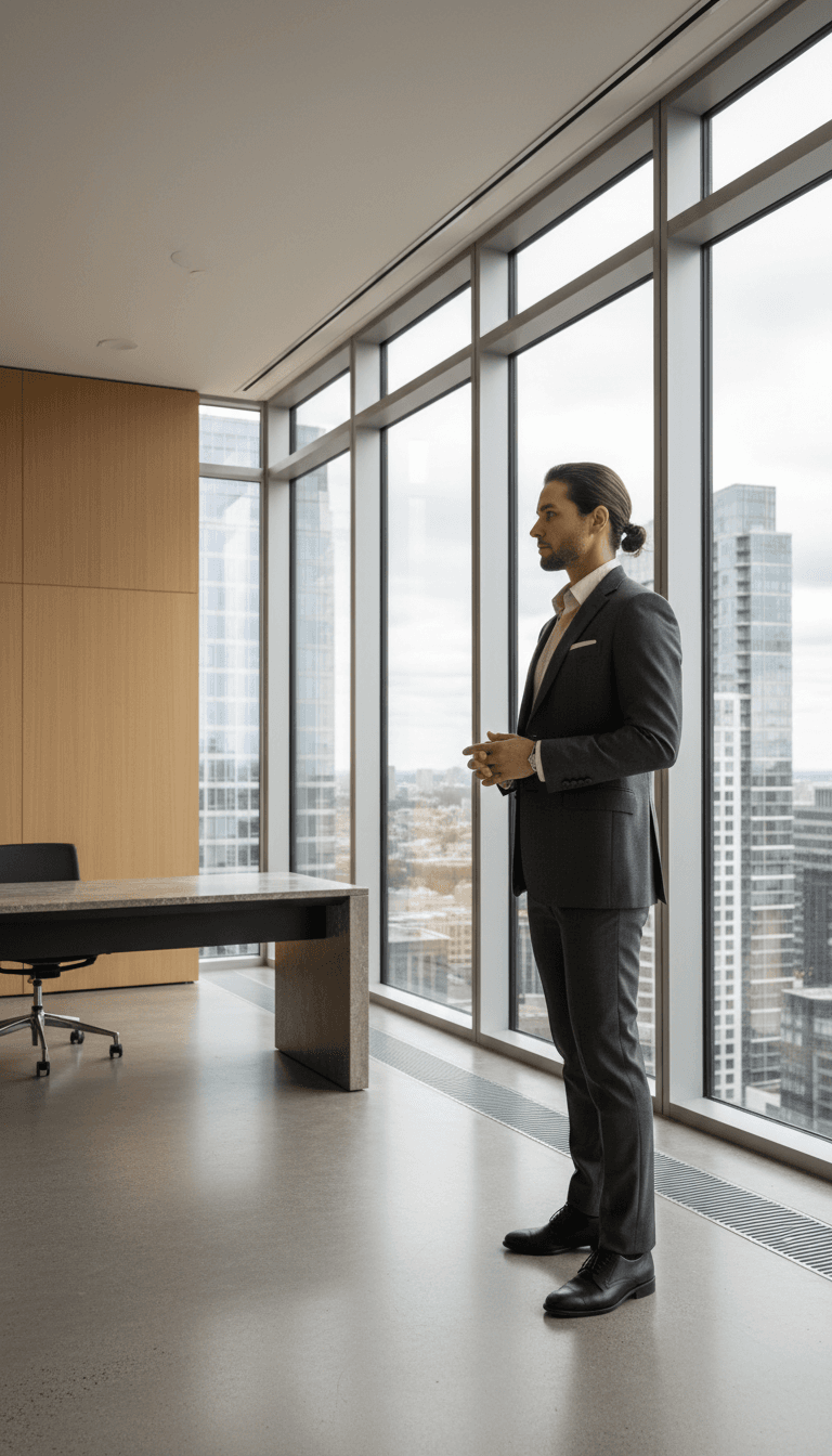 Publicist in a modern Los Angeles high-rise lobby, poised and professional