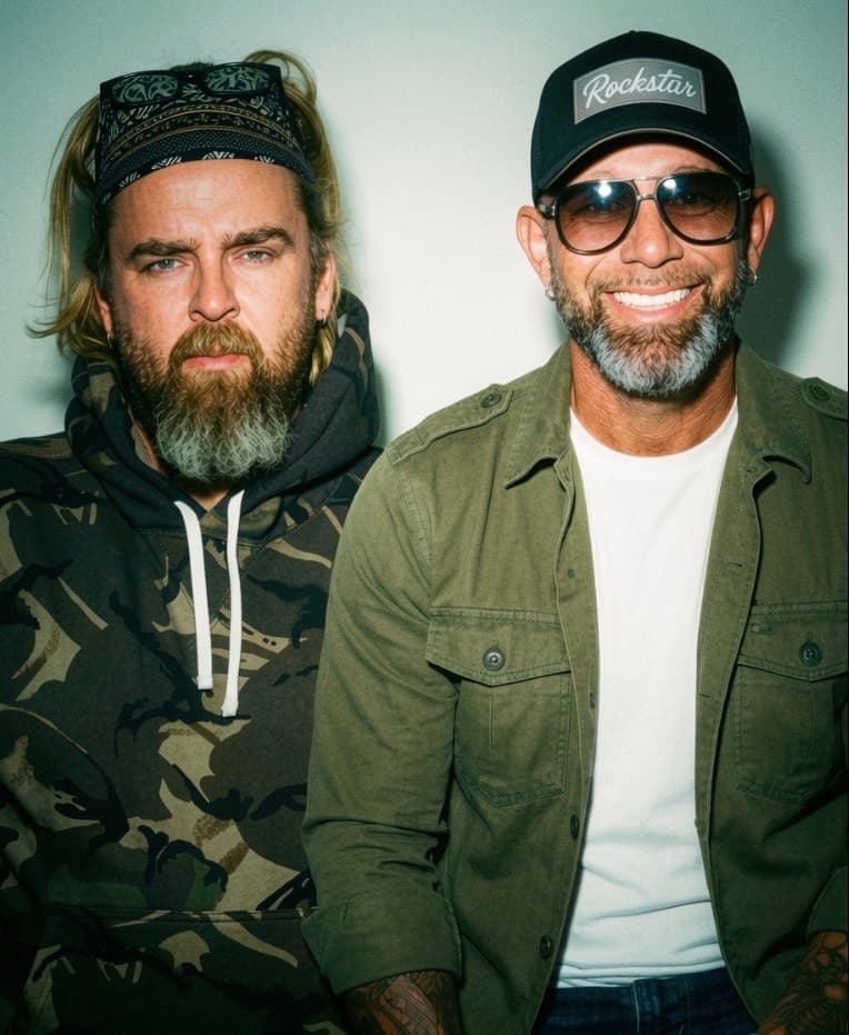 Two bearded men, one in a camouflage hoodie and another smiling in a green shirt.