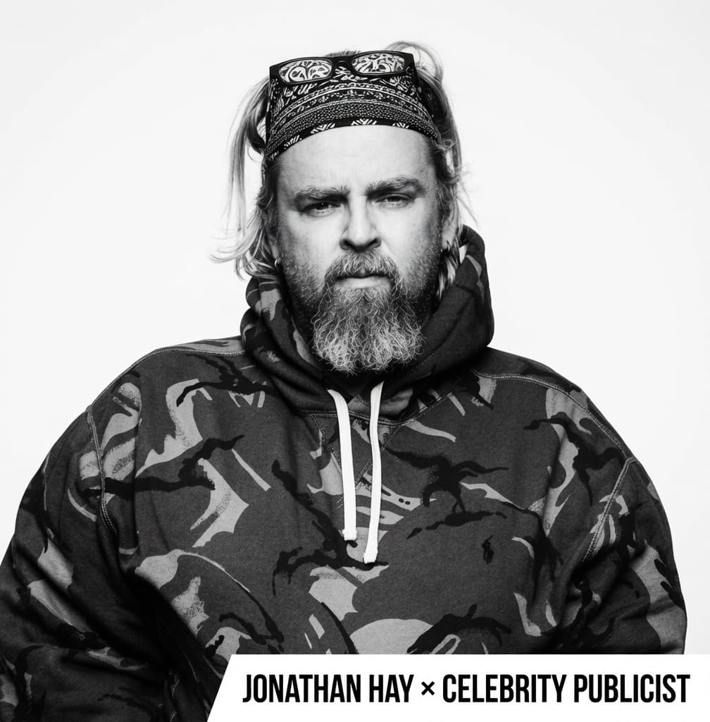 Black and white portrait of Jonathan Hay wearing a camouflage hoodie and a patterned bandana.